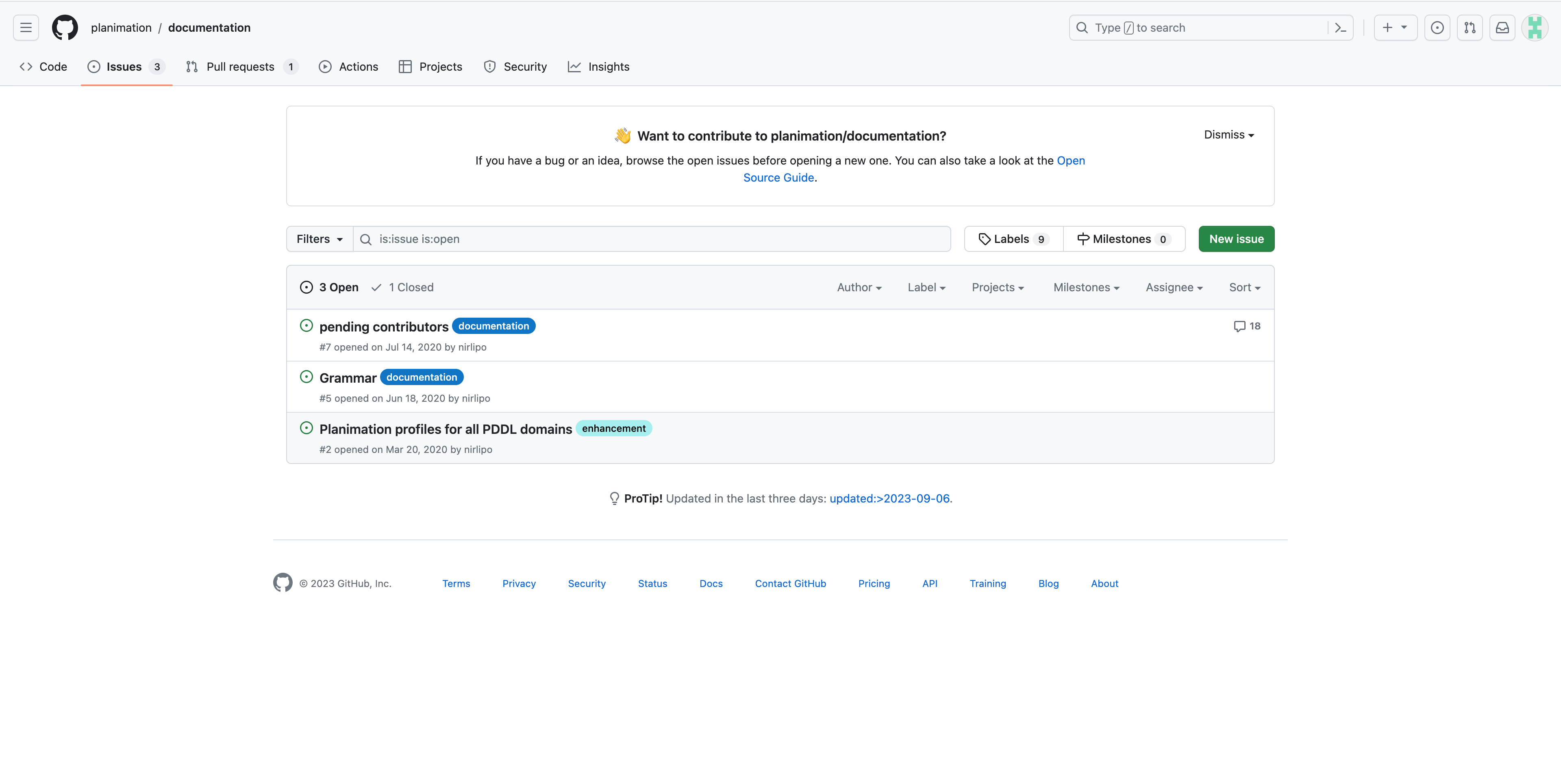 screenshot of github issues page